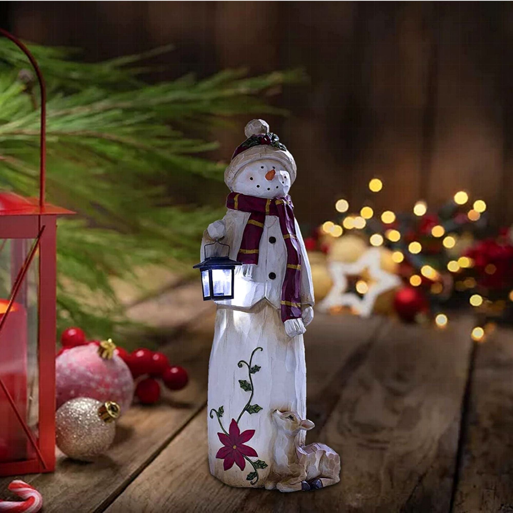 Christmas Decoration Woodland Snowman Holding Solar Lantern