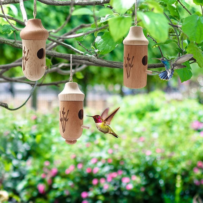 WNJD Maison pour colibri 2022 en bois à suspendre à l'extérieur, 2/3  maisons pour colibris pour l'extérieur pour nidifier (2 pièces, chêne)
