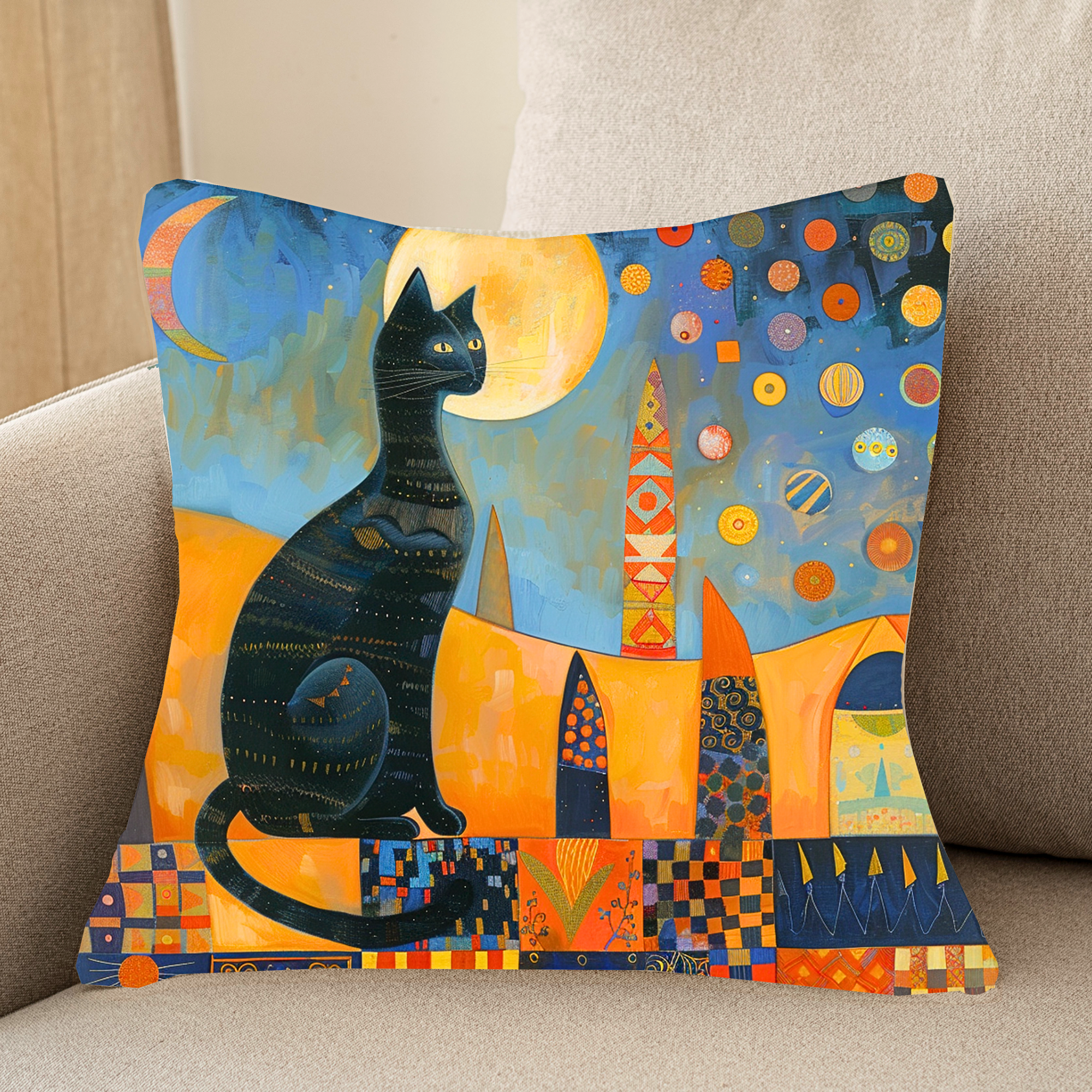 Housse de coussin Silhouette de chat au clair de lune